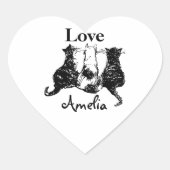 Monogram verzonden met Love Black White Cat Hart Sticker (Voorkant)