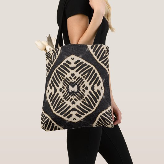 Monogram vet geometrisch patroon boho tote bag (Dichtbij)