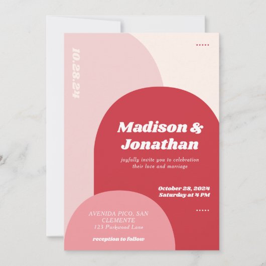 Monogram Vet Roze Rood Retro Arch Bruiloft Kaart (Voorkant)