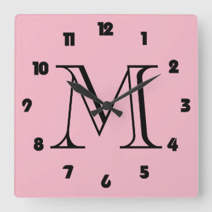 Monogram vetzwarte cijfers op roze wcn vierkante klok