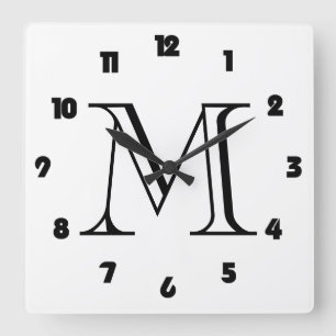 Monogram vetzwarte cijfers op witte wcn vierkante klok