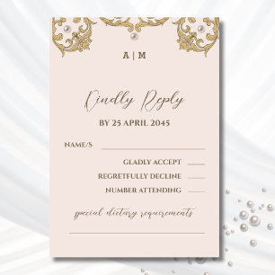 Monogram Victoriaans Beige Pearl Wedding RSVP Kaar