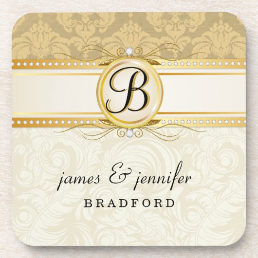 Monogram Victoriaans Gold Damask Cork Onderzetter  (Voorkant)
