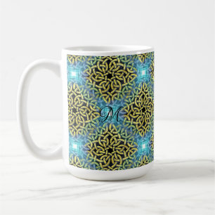 Monogram Victoriaans Golden Trim Aqua Achtergrond Koffiemok
