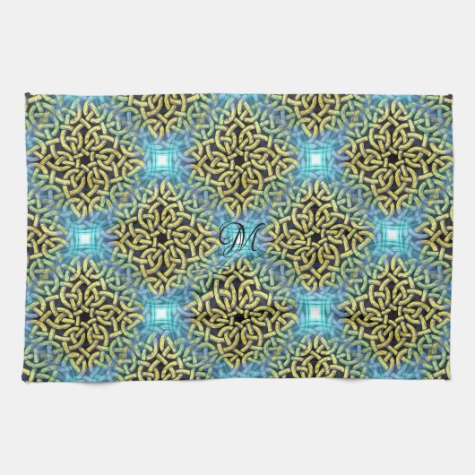 Monogram Victoriaans Golden Trim Aqua Achtergrond Theedoek (Horizontaal)