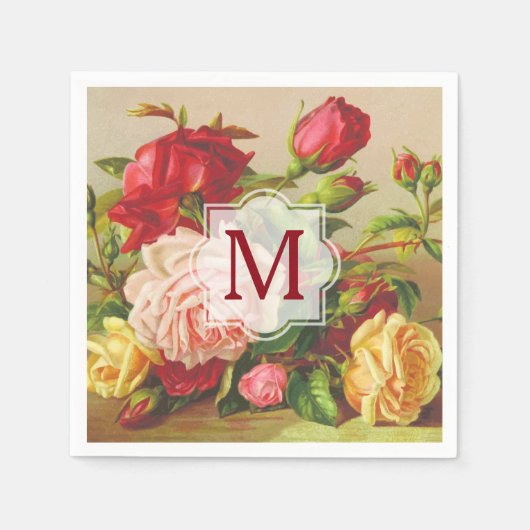 Monogram  Victoriaans Rozen Boeketbloemen Servet (Voorkant)