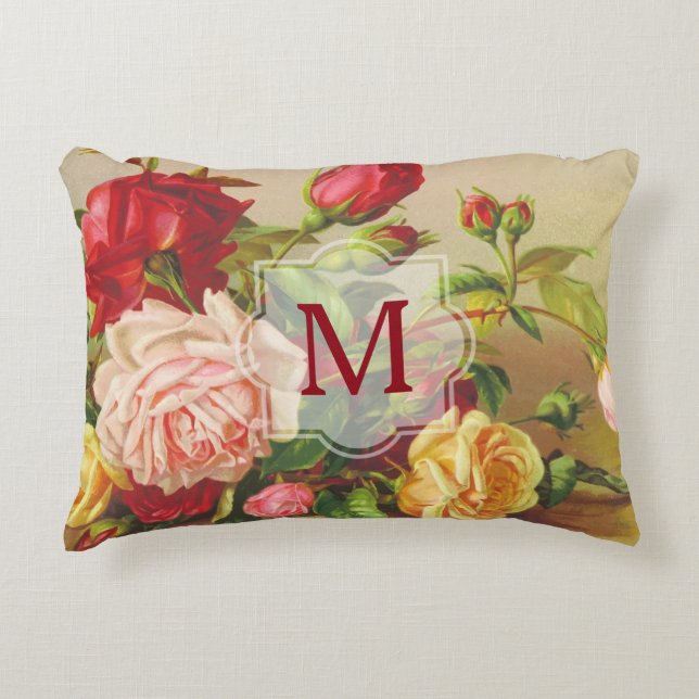 Monogram  Victoriaans Rozen Bouquet Flowers Accent Kussen (Voorkant)