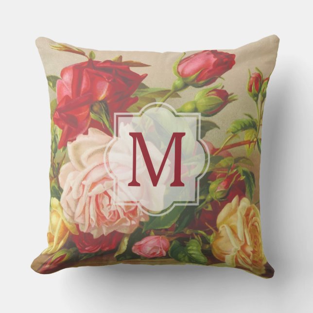 Monogram  Victoriaans Rozen Bouquet Flowers Buitenkussen (Voorkant)