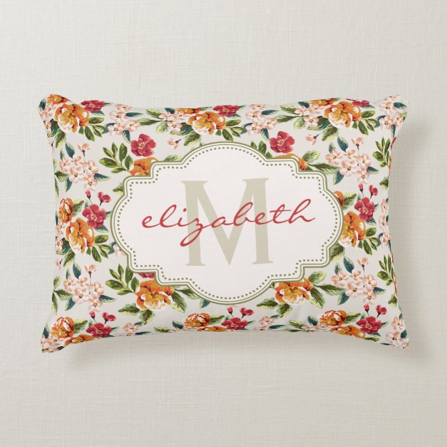 Monogram  Victoriaans Waterverf Floral Accent Kussen (Voorkant)