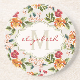 Monogram Victoriaans Waterverf Floral Zandsteen Onderzetter