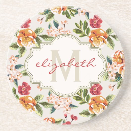 Monogram  Victoriaans Waterverf Floral Zandsteen Onderzetter (Voorkant)