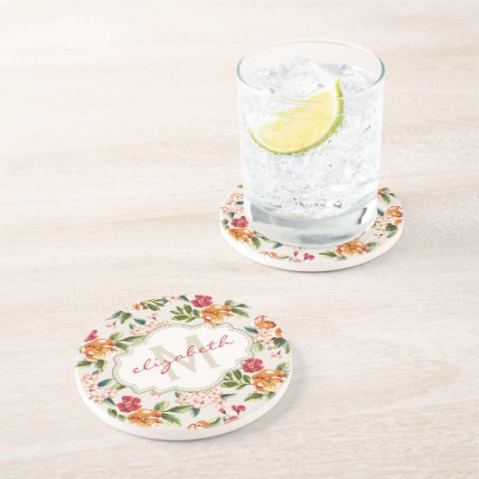 Monogram  Victoriaans Waterverf Floral Zandsteen Onderzetter (Zijkant)