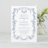 Monogram Victorian Dusty Blue All in One Wedding Kaart (Staand voorkant)
