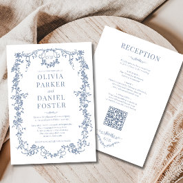 Monogram Victorian Dusty Blue All in One Wedding Kaart