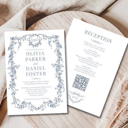 Monogram Victorian Dusty Blue All in One Wedding Kaart