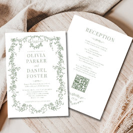 Monogram Victorian Sage Green All in One Wedding Kaart