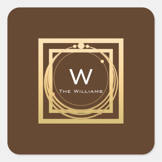 Monogram Vierkant Gouden Frame Minimal Bruin Vierkante Sticker (Voorkant)