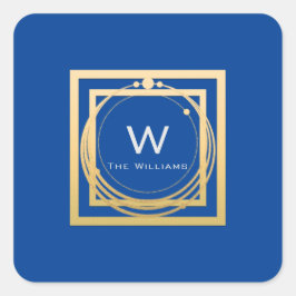 Monogram vierkant gouden geometrie koningsblauw vierkante sticker