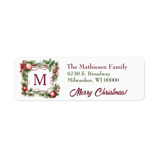 Monogram Vierkant Kerstversiering Retouradres Etiket (Voorkant)
