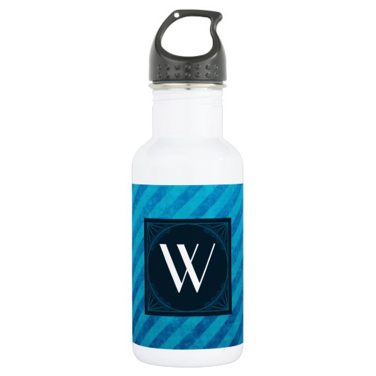 Monogram vierkant op blauwe diagonale strepen waterfles (Voorkant)