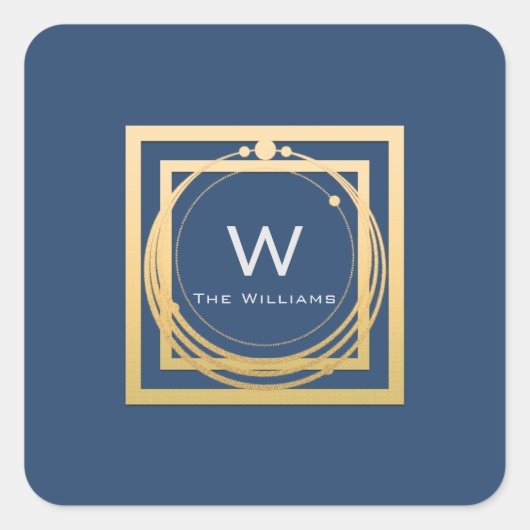 Monogram vierkante gouden geometrie rokerig blauw sticker (Voorkant)
