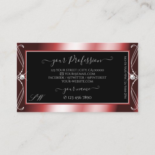 Monogram vierkante zwarte rode mousserende diamant visitekaartje (Achterkant)