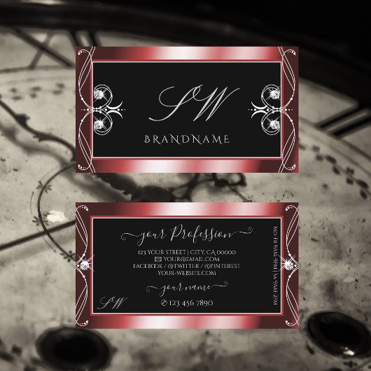 Monogram vierkante zwarte rode mousserende diamant visitekaartje