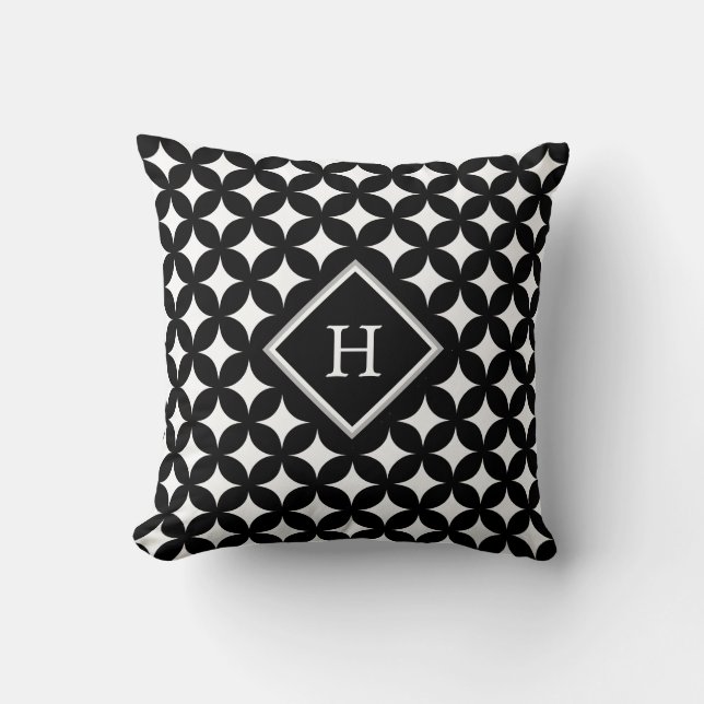 Monogram & vierpuntig sterpatroon op zwart kussen (Voorkant)
