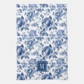Monogram Vintage Blauw Witte Bloemrozen Theedoek (Verticaal)