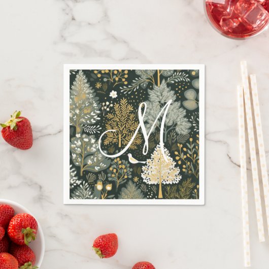 Monogram Vintage Boho Groen Gouden Kerstbomen Servet (Insitu)