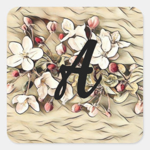 Monogram Vintage bruine kersenbloesem tekening Vierkante Sticker