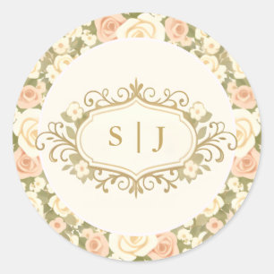 Monogram Vintage Ivoor Huwelijk Ronde Sticker