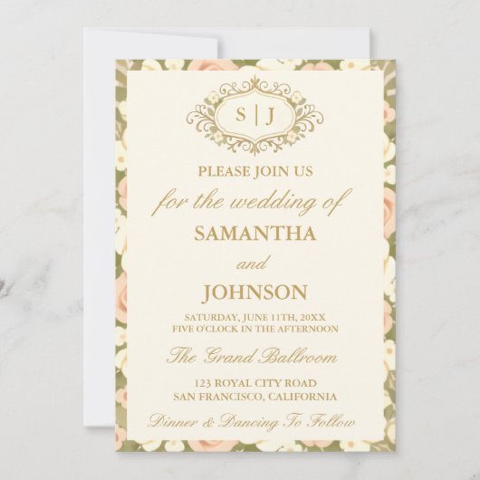 Monogram Vintage Ivory Wedding Invitation Kaart (Voorkant)