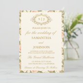 Monogram Vintage Ivory Wedding Invitation Kaart (Staand voorkant)