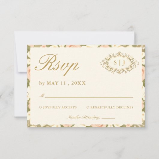 Monogram Vintage Ivory Wedding RSVP Card Kaartje (Voorkant)