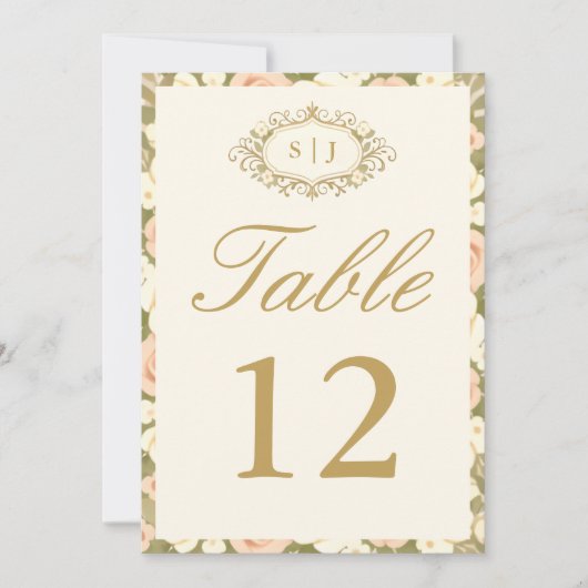 Monogram Vintage Ivory Wedding Table Number Kaart (Voorkant)