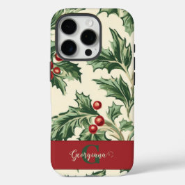 Monogram Vintage Kerst Holly & Bessen Patroon iPhone 16 Pro Hoesje