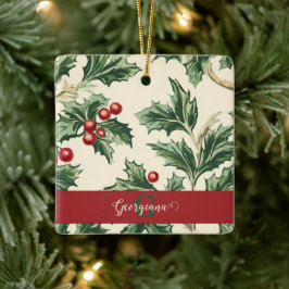 Monogram Vintage Kerst Holly & Bessen Patroon Keramisch Ornament