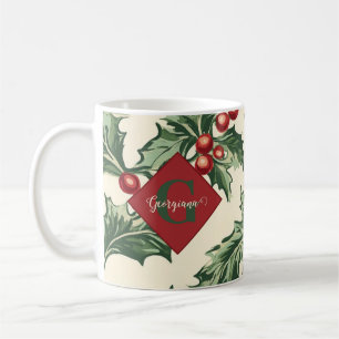 Monogram Vintage Kerst Holly & Bessen Patroon Koffiemok