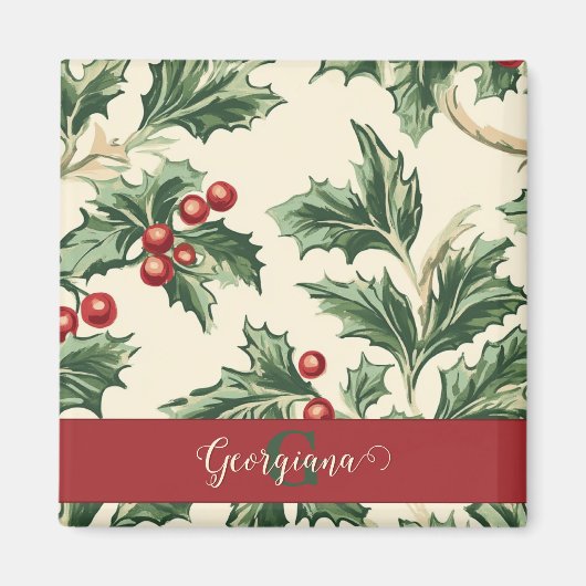 Monogram Vintage Kerst Holly & Bessen Patroon Magneet (Voorkant)