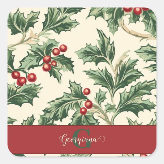 Monogram Vintage Kerst Holly & Bessen Patroon Vierkante Sticker (Voorkant)