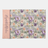 Monogram Vintage Perzik Paarse Bloemen Shabby Chic Theedoek (Horizontaal)