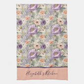 Monogram Vintage Perzik Paarse Bloemen Shabby Chic Theedoek (Verticaal)