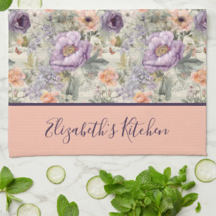 Monogram Vintage Perzik Paarse Bloemige Shabby Chi Theedoek