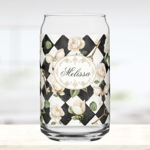 Monogram Vintage Roos Bloemen Zwart Wit Diamant Blikvorm Glas