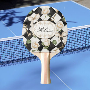 Monogram Vintage Roos Bloemen Zwart Wit Diamant Tafeltennisbatje