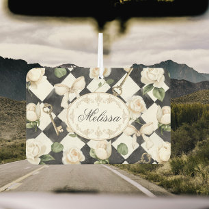 Monogram Vintage Roos Bloemen Zwart Witte Diamant Luchtverfrisser