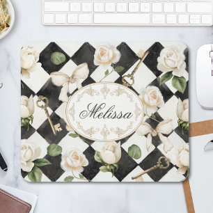 Monogram Vintage Roos Bloemen Zwart Witte Diamant Muismat