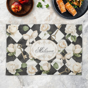 Monogram Vintage Roos Bloemen Zwart Witte Diamant Theedoek