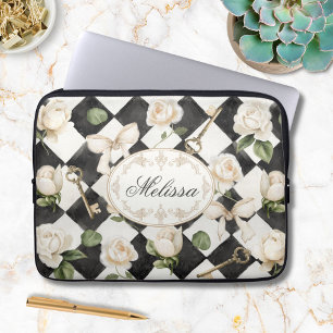 Monogram Vintage Rose Bloemen Zwart Witte Diamant Laptop Sleeve